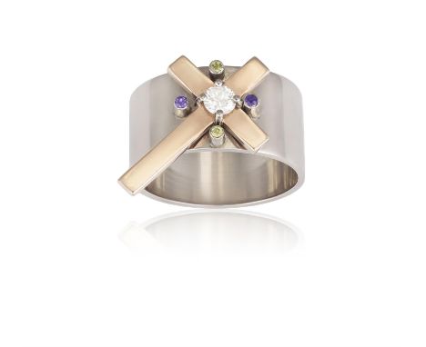 A Gem-set ringDesigned as a crucifix, centrally set with a round, brilliant-cut diamond, with vari-coloured gemstones to tran