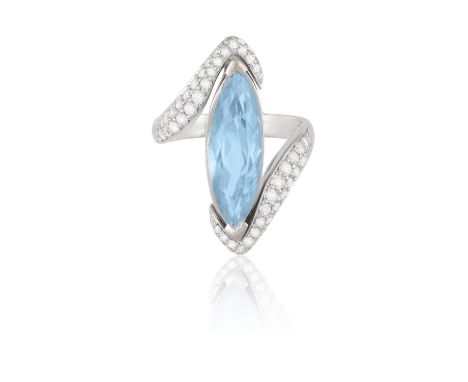 An Aquamarine and diamond dress ringThe marquise-cut aquamarine within a surround pavé-set with round, brilliant-cut diamonds