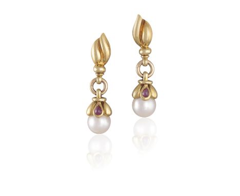 A Pair of ruby and cultured pearl drop earringsEach composed of a cultured pearl, set with a pear-shaped, cabochon-cut ruby, 