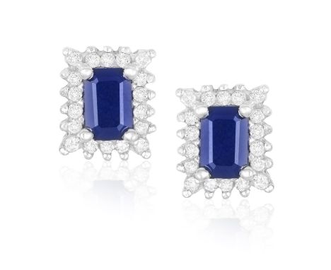 A Pair of sapphire and diamond ear studsThe octagonal step-cut sapphires within a round, brilliant-cut diamond surround, leng