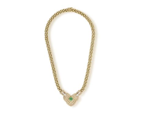 An Emerald and diamond necklaceThe heart-shaped, frontispiece centrally set with square, step-cut emeralds, the lattice-work 