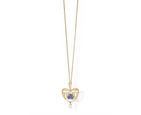 An Art Nouveau, sapphire and seed pearl pendantOf openwork design and heart-shaped form, the centrally set, round, mixed-cut 