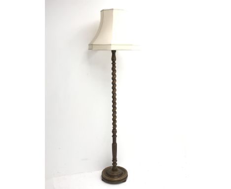 20th century oak barley twist standard lamp with shade, H145cm (measurement excluding shade and fitting) - Condition Report 