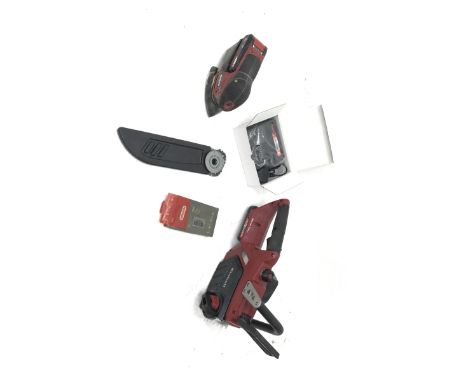 Einhell GE-LC 18 Li cordless chainsaw and Einhell TE-OS 18/1 Li hand sander, with two batteries and charger  - Condition Repo