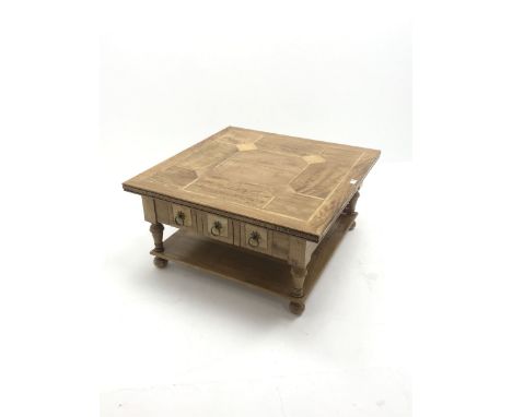 Teak and tile inset square coffee table, six drawers, baluster supports joined by undertier  - Condition Report 