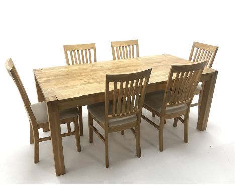 Light oak rectangular dining table, square supports (W182cm, H78cm, D91cm) and set six chairs, upholstered seat, tapering sup