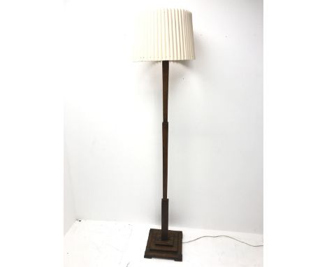 Art Deco period oak standard lamp, stepped square tapering column and square base, H157cm (measurement excluding fitting and 