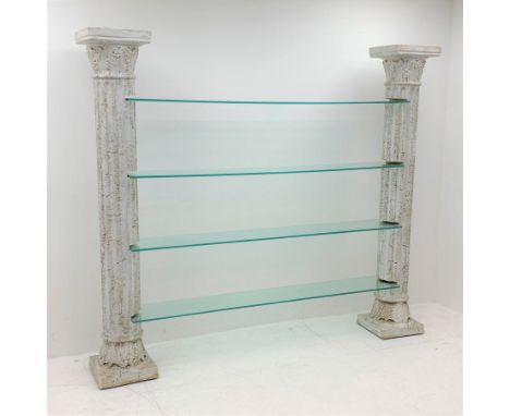 Architectural four shelf glass shelving unit supported by two Corinthian columns, W205cm, H179cm, D30cm - Condition Report 