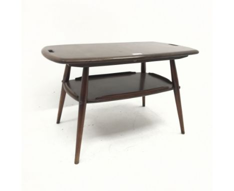 Ercol medium elm two tier butlers table, turned supports joined by undertier, W73cm, H45cm, D45cm - Condition Report 