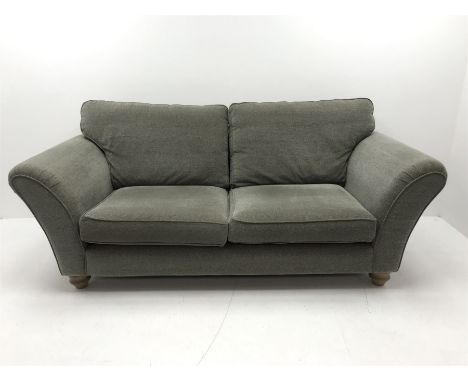 Aspen three seat sofa upholstered in a tweed style fabric, turned supports, W224cm - Condition Report 