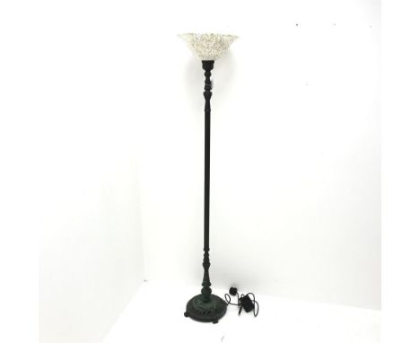 Classic ornate metal standard lamp with mother of Pearl and glass dome shade, H167cm - Condition Report 