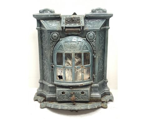 Deville &amp; Co - French Art Nouveau period blue enamel stove, decorated with floral scrolls and flower heads, shell heath, 