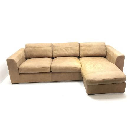 Three seat tan leather corner sofa - Condition Report Stained on two cushions 