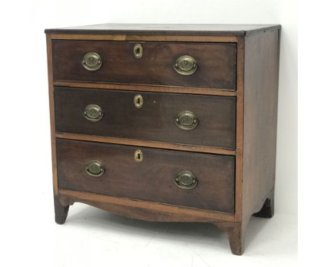 19th century inlaid mahogany three drawer chest, rectangular top with satinwood banding and inlaid fan spandrels, three drawe