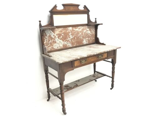 Victorian marble top washstand, raised shaped tile and mirror back, single drawers, turned supports joined by undertier, W108