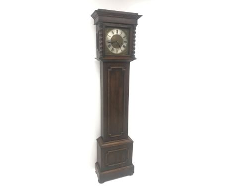 Early 20th century oak longcase clock, brass dial with silvered Roman chapter ring, triple train driven quarter chiming movem