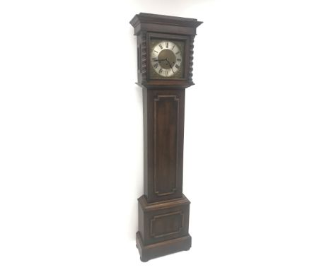 Early 20th century oak longcase clock, brass dial with silvered Roman chapter ring, triple train driven quarter chiming movem