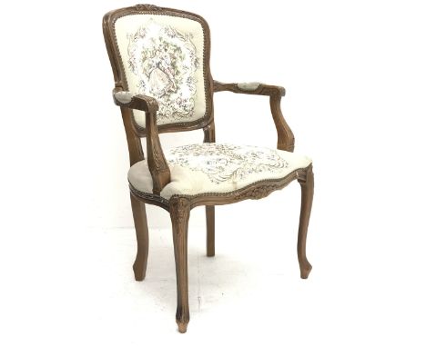 Beech framed French style open armchair upholstered in tapestry fabric, W59cm - Condition Report 