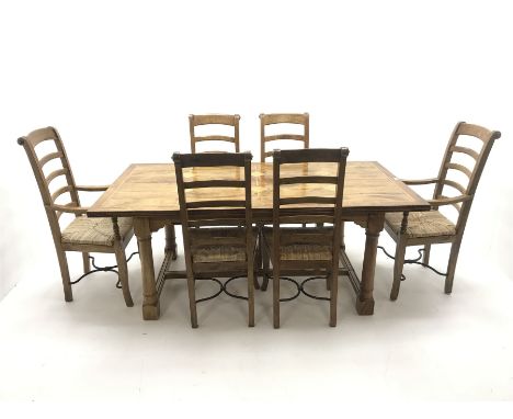 Teak and tile inset rectangular dining table. baluster supports joined by floor stretchers (W190cm, H77cm, D100cm) and set si