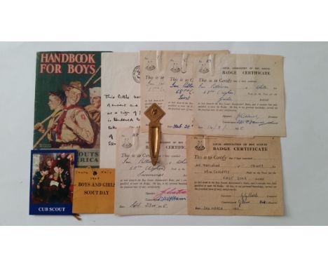 SCOUTING, selection, inc. entrance tag (hand-written "Tampa Fair 1927"), brass bookmark, 1950s Badge Certificates (6), printe