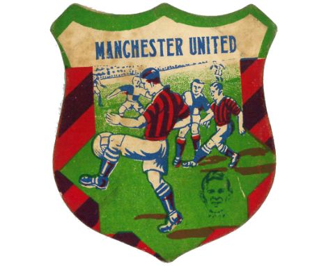 FOOTBALL, ANON., shield-shaped football card, Manchester United, with sketch of players head inset, p/b, some foxing, G