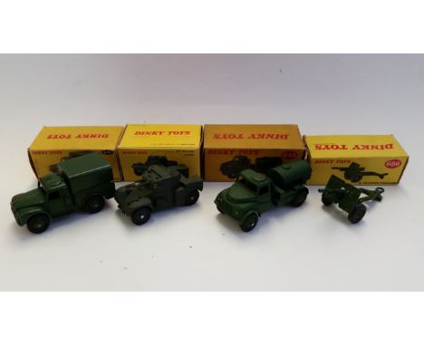 MILITARY, metal Dinky Toys,  nos. 641 Army I-Ton Cargo Truck, 643 Army Water Tanker, 686 25-Pounder Field Gun &amp; 814 Armou