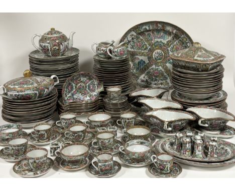 An extensive Canton famille rose porcelain assembled dinner service, largely 20th century, in a characteristic palette with v