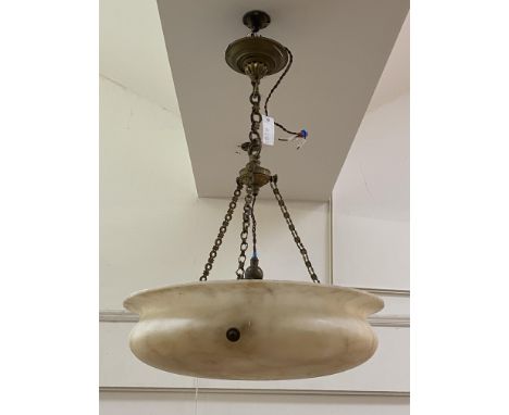 A large alabaster plafonnier or dish light, early 20th century, the shade, of compressed caldron form, and three branch light