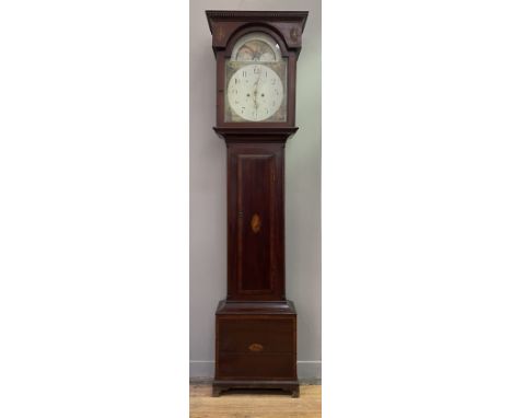 A George III mahogany longcase clock, the dentil cornice above box and tulipwood urn inlay, the case with satinwood cross-ban