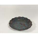 A Japanese doro enamel cloisonne dish, late Edo / early Meiji period, with scalloped rim, the