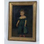 19th Century Naive School, Portrait of a Young Girl, full length, standing holding an apple in her