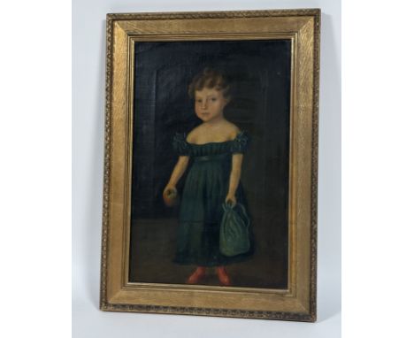 19th Century Naive School, Portrait of a Young Girl, full length, standing holding an apple in her right hand, inscribed vers