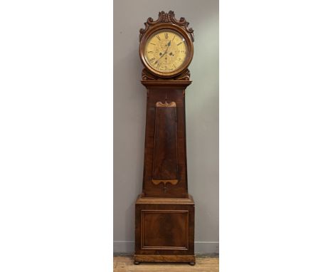 A Scottish Victorian mahogany and walnut drum head longcase clock, the pediment carved with 'C' scrolls above a tapered case 