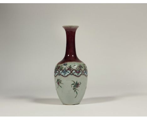 An unusual Chinese celadon porcelain vase with flambe glaze, 18th century, the slender neck and shoulders in streaky oxblood,