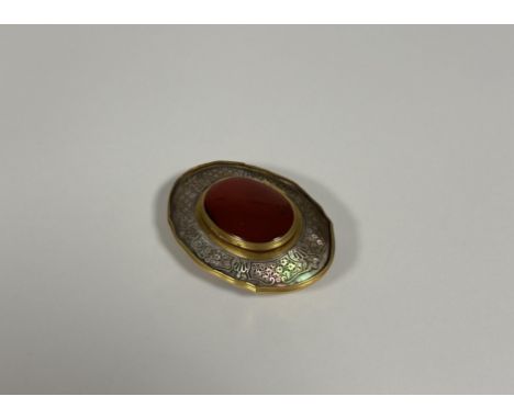 A gilt-metal mounted carved abalone shell snuff box, 18th/19th century, the hinged cover formed from an oval carnelian caboch