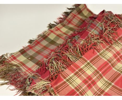 Three Scottish finely-woven woollen plaid shawls, c. 1900, each worked in soft reds and light and mid-greens, fringed, dimens