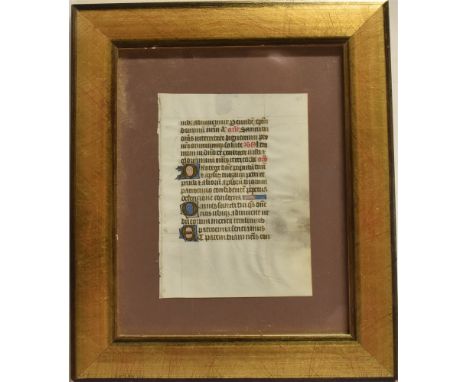 [DOCUMENTS]. AN ILLUMINATED VELLUM MANUSCRIPT LEAF  probably 15th century, comprising sixteen lines of partially contracted L