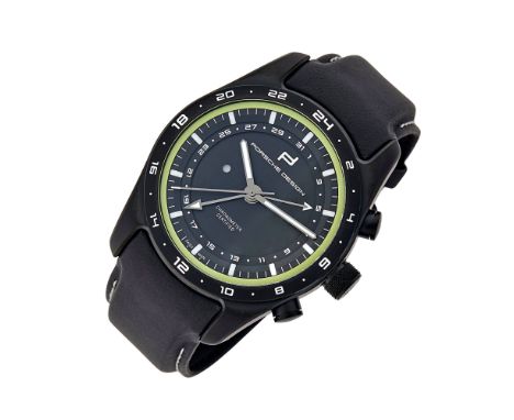 Automatic, circular black recessed dial, luminous hands and outer markers, sweep seconds, green band border, GMT bezel and mi