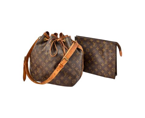 Mongramed canvas, brown leather trim and strap, both signed Louis Vuitton. 9 7/8 x 7 3/4 x 2 3/16 inches and 14 x 10 x 7 inch