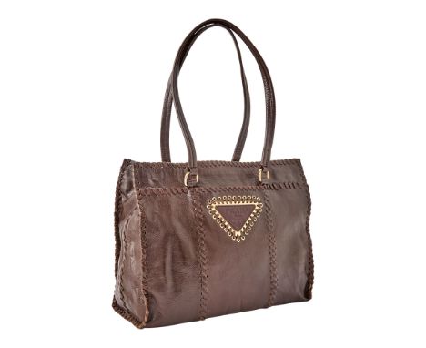 Tote with dual straps, stitched accents and gold-to.ne hardware, black fabric interior with side zippered pocket, signed Prad