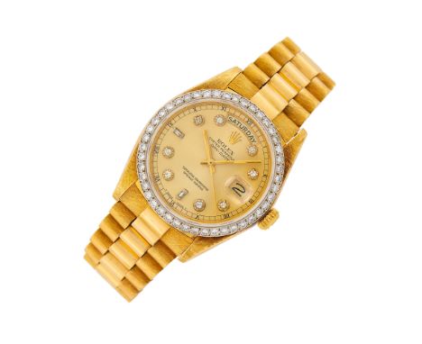 Automatic, round champagne sunburst dial with aftermarket applied round and baguette diamond markers, gold-tone luminous hand