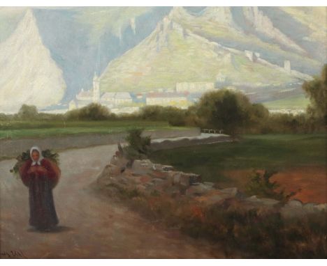 Uhl, Louis (attr.)Wien 1860 - 1909, war ein österreichischer Portrait- und Genremaler. "Berglandschaft mit Bäuerin", Blick au