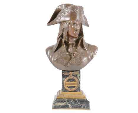 Emile-Louis Picault, Bonaparte, a bronze portrait bust, foundry stamp, Pinedo, Paris, stepped marble plinth, 23cm overall.