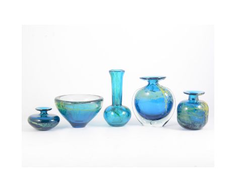 Mdina, a collection of five art glass vessels, all in Maltese blue with yellow inclusions, including a flattened bottle vase,