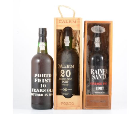 Assorted port, including: Rainha Santa, 1987 vintage port; Porto Feist, 10 year old, 2002; Calem, 20 year old port, bottled 2