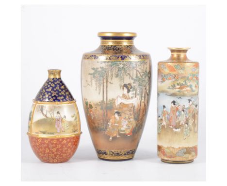 Satsuma cylindrical shouldered vase, Meiji painted with a continuous landscape, with a figures before a lake, two character c