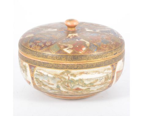 A Satsuma jar, black ground cartouche mark, probably Meiji, panels painted with  landscapes and objects, the domed lid with a