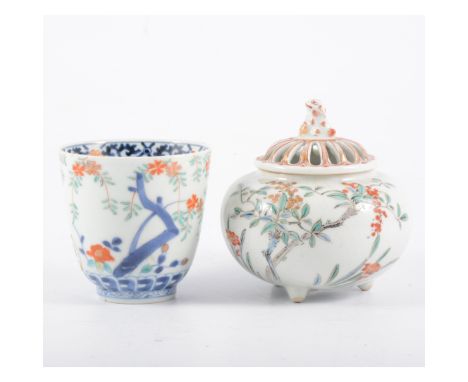 Japanese porcelain koro, compressed circular form, reticulated domed lid, with Temple dog finial, floral decoration, raised o