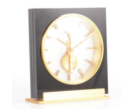 Jaeger LeCoultre, an 8-day inline movement desk clock, circa 1965, model 480, square black acrylic housing with brass foot, g