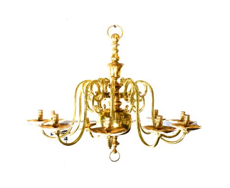 Dutch style brass seven-light chandelier, bulbous knopped stem, scrolled branches with broad drip pans, 64cm drop, 99cm diame